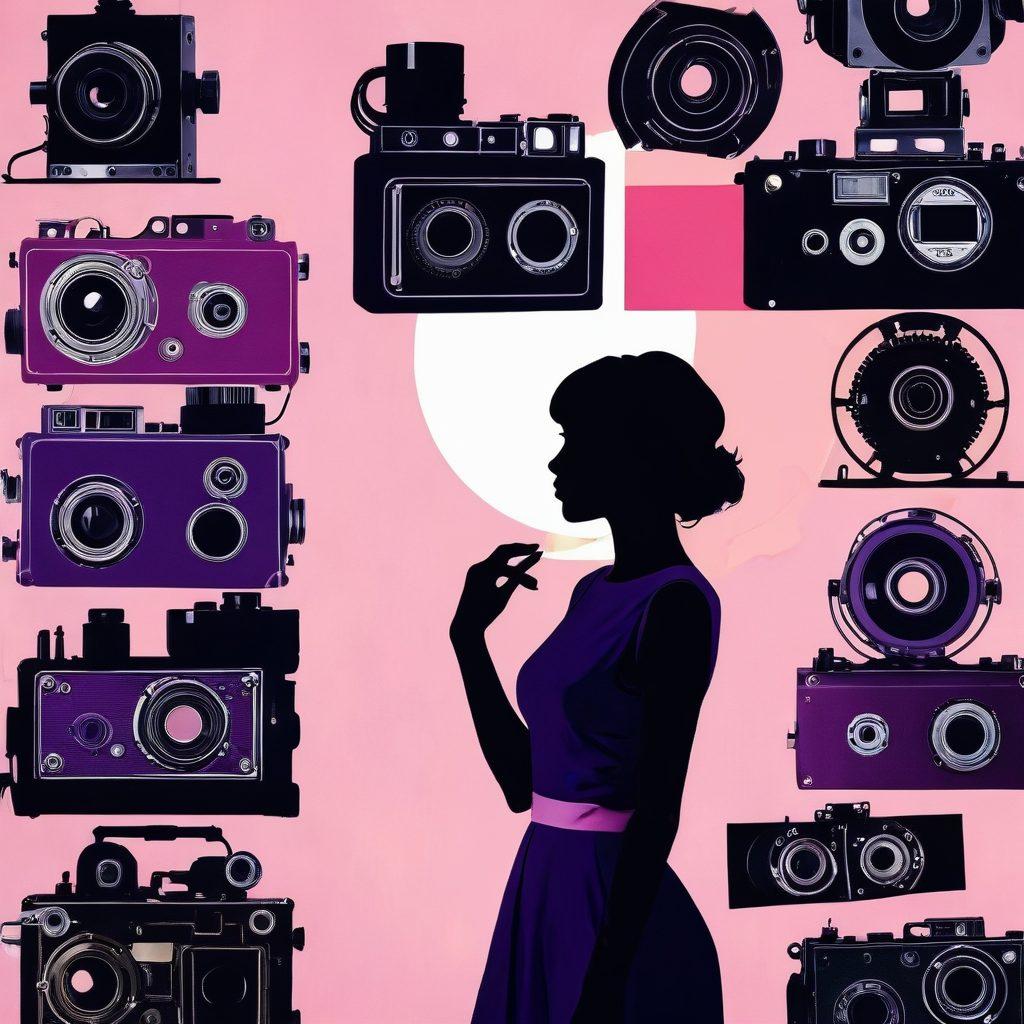 A collage of bold, sensual silhouettes representing diverse artistic styles, merging seamlessly with industrial elements like film reels and cameras. A backdrop of soft, alluring colors that evoke emotion, coupled with an array of textures that hint at intimacy and creativity. The scene should feel dynamic yet sophisticated, capturing the essence of sensuality in modern adult films. painting. vibrant colors. minimalistic background.