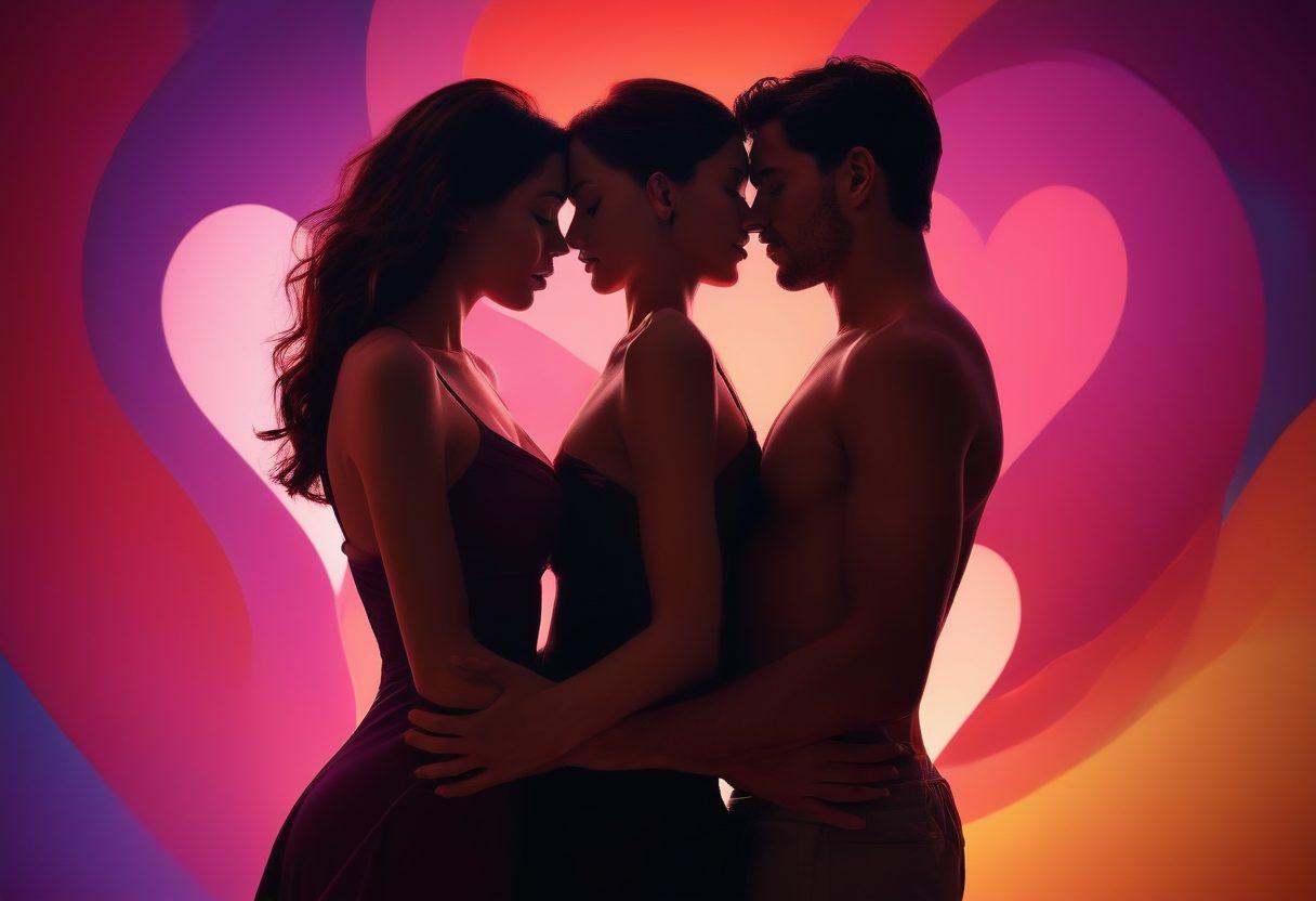 A visually striking representation of desire and intimacy, showcasing a silhouette of intertwined couples against a backdrop of vibrant abstract shapes and flowing colors. Include subtle elements like hearts and soft light to evoke warmth and passion. The scene should blur the boundaries of sensuality while promoting a sense of connection and exploration. Incorporate elements of modern technology, like digital devices, to highlight trends in erotic content. super-realistic. vibrant colors. abstract background.
